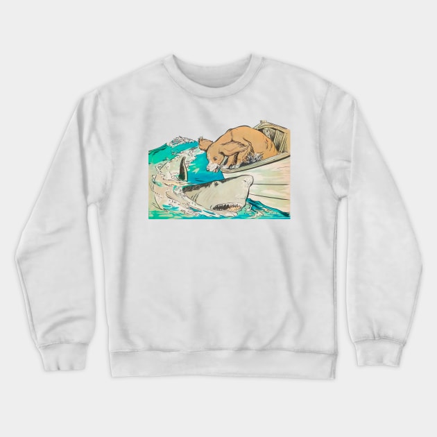 dog from a boat barks at shark vintage retro Crewneck Sweatshirt by REVISTANGO